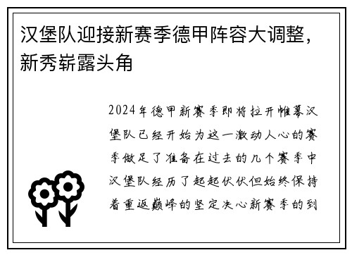 汉堡队迎接新赛季德甲阵容大调整，新秀崭露头角